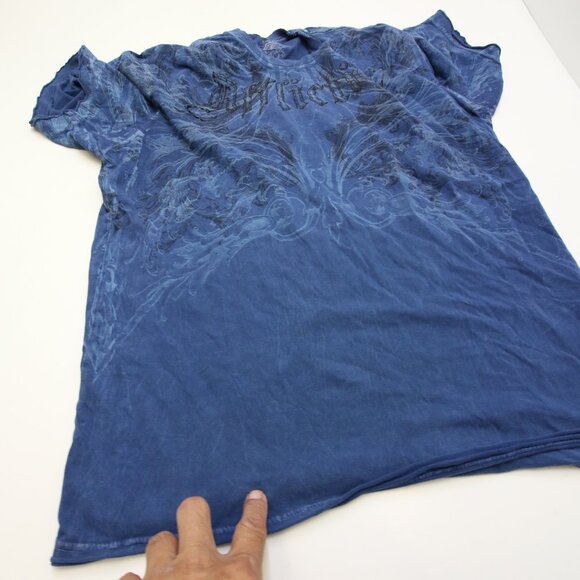Affliction T-Shirt Large Blue Fleur De Lis READ Distressed Tiny Holes Y2K - Picture 9 of 15